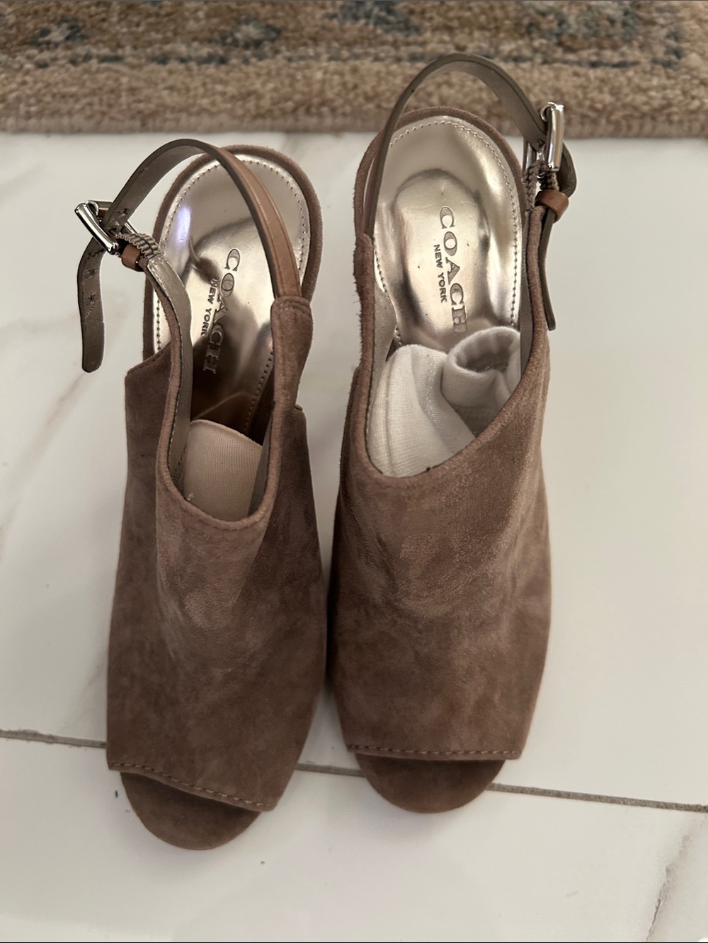 COACH Taupe Suede Peep-Toe Slingback Mules